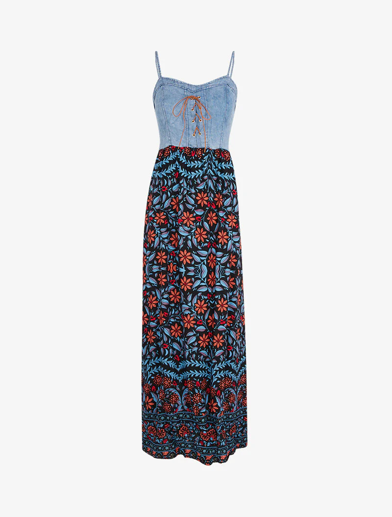 Jurk met spijkerstof effect en prints - zwart