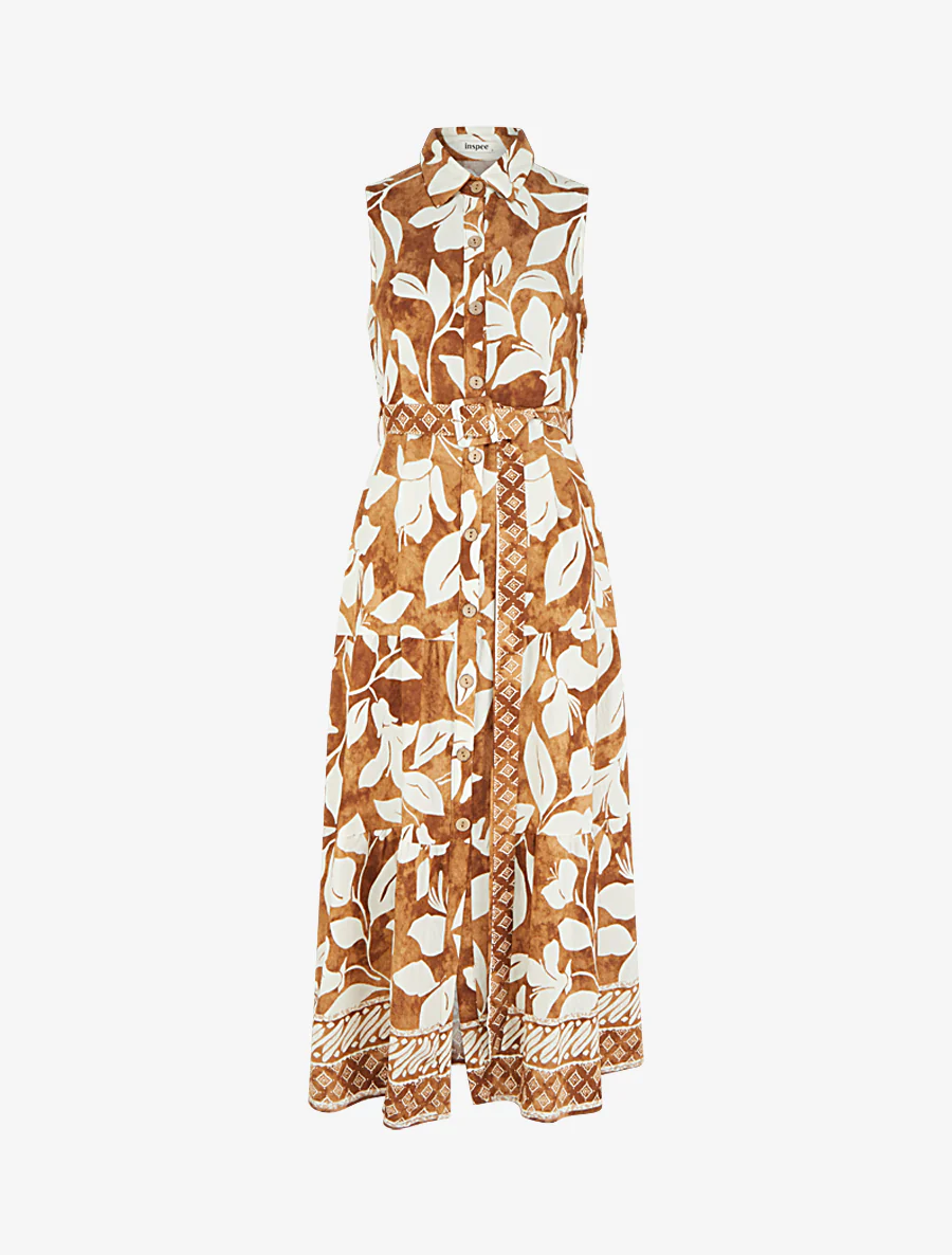 Jurk met tropische bloemenprint - Kameel