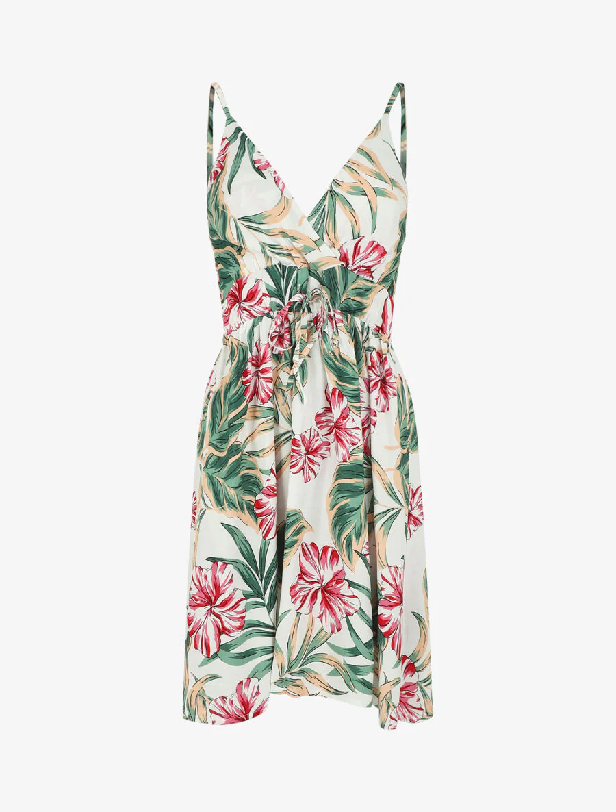 Jurk met tropische print en dunne bandjes - wit