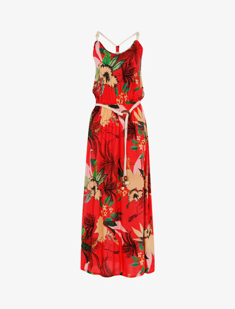 Jurk met tropische print en koordstijl details - rood