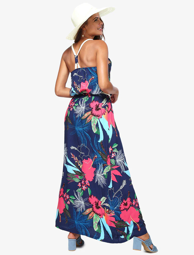 Jurk met tropische print en koordstijl details - marineblauw - Image 4