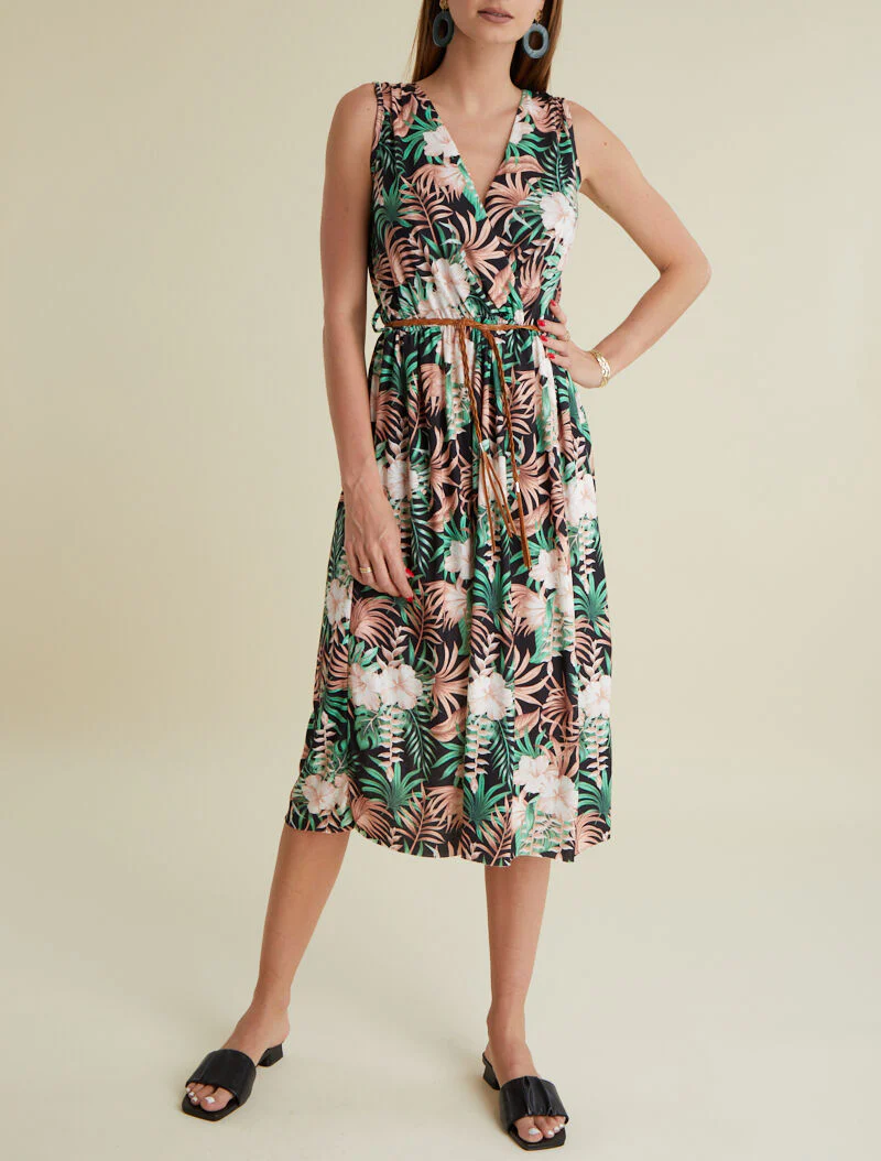 Jurk met tropische print - zwart