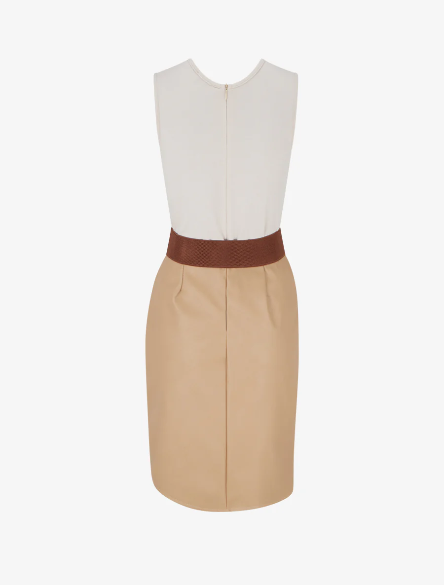 Jurk met twee materialen en V-hals - Beige - Image 2