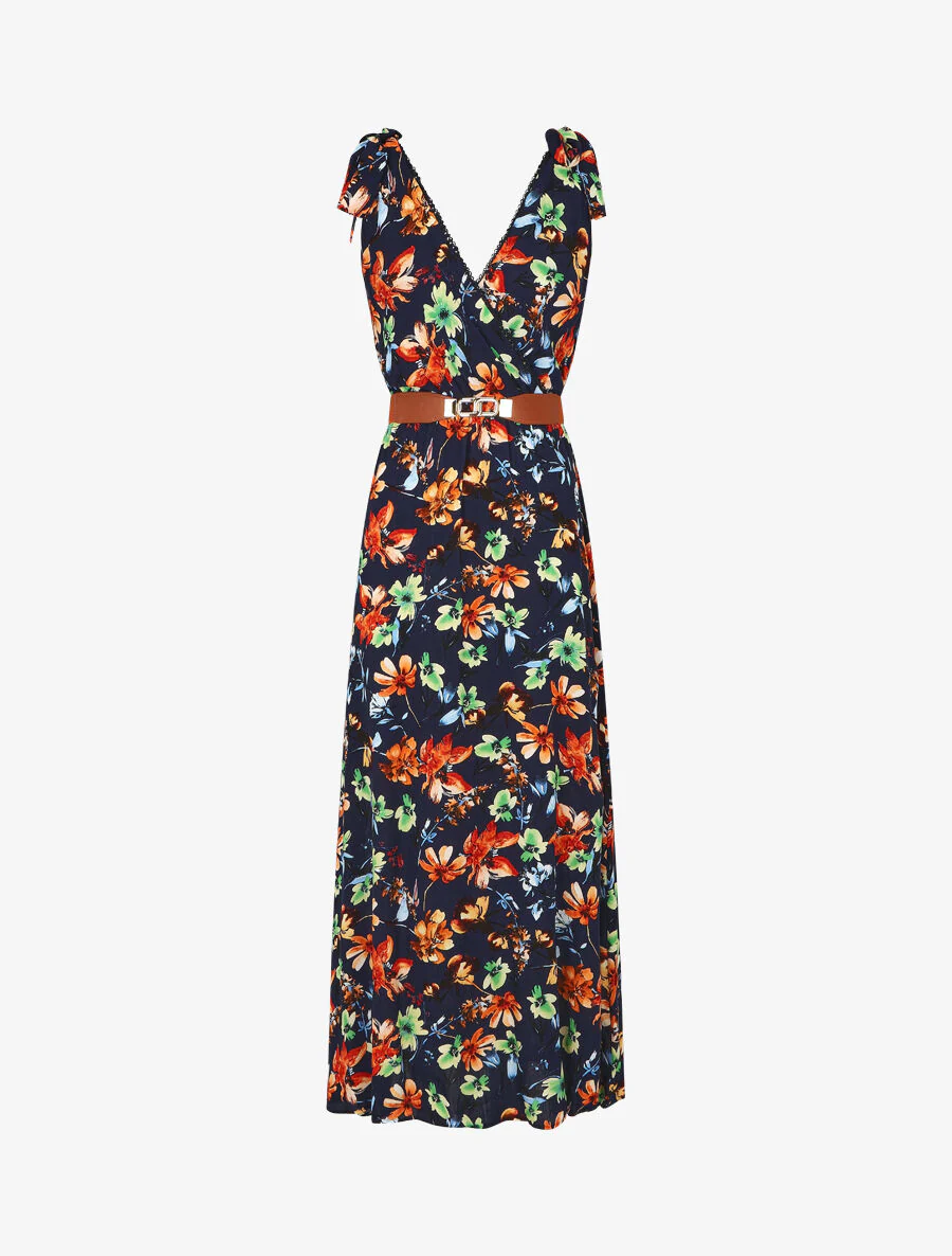 Jurk met V-hals met bloemige print - Marineblauw