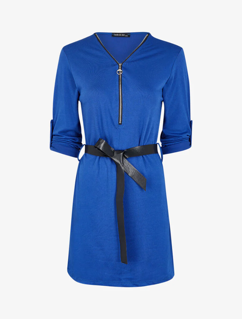 Jurk met V-hals, ritssluiting en oprolbare lange mouwen - Elektrisch blauw