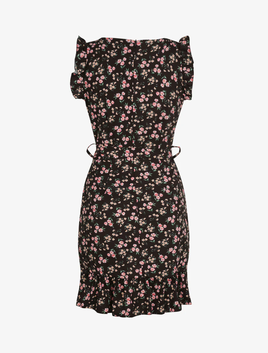 Jurk met veldbloemenprint met ruches aan de randen in wikkelstijl - Zwart - Image 2