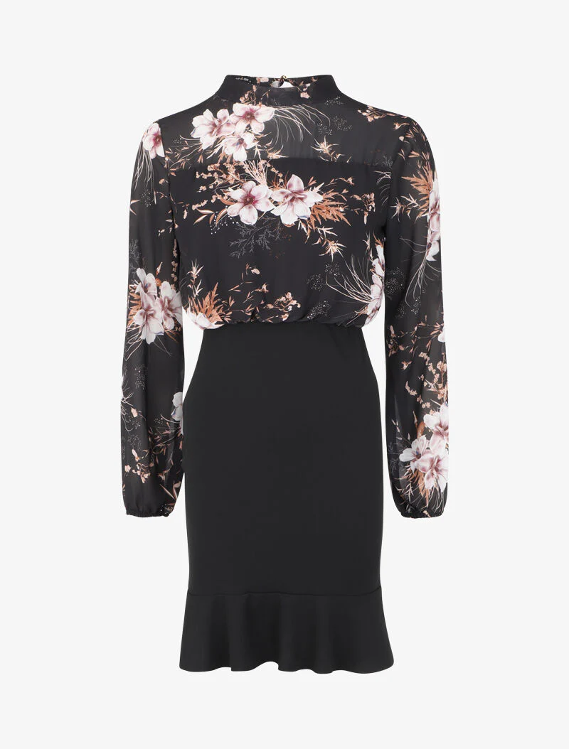 Volantjurk met orchideeënbloemenmotief - Zwart
