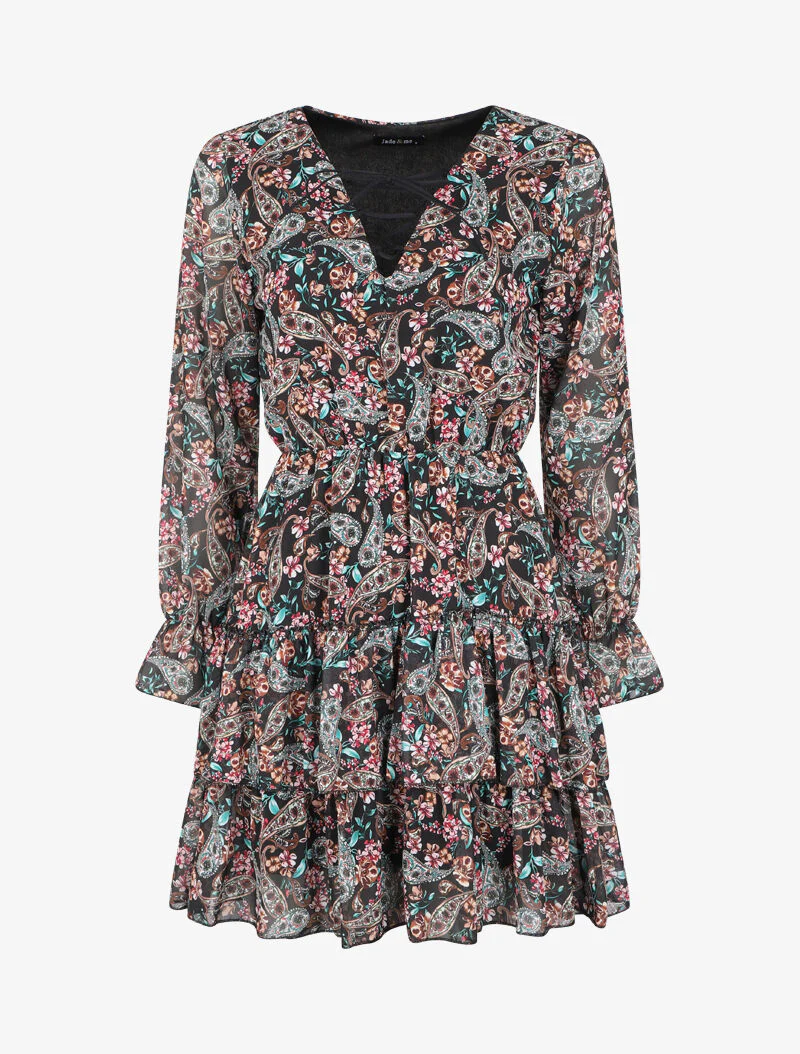Volantjurk met veterkraag en bloemen paisleyprint - Zwart