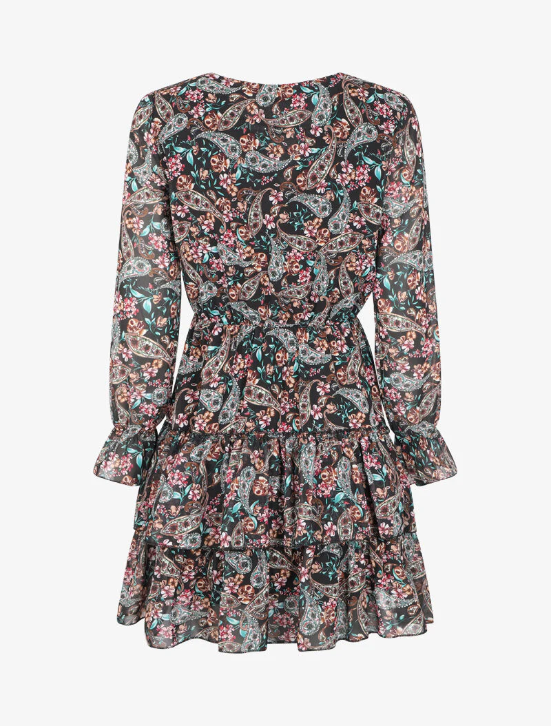 Volantjurk met veterkraag en bloemen paisleyprint - Zwart - Image 2