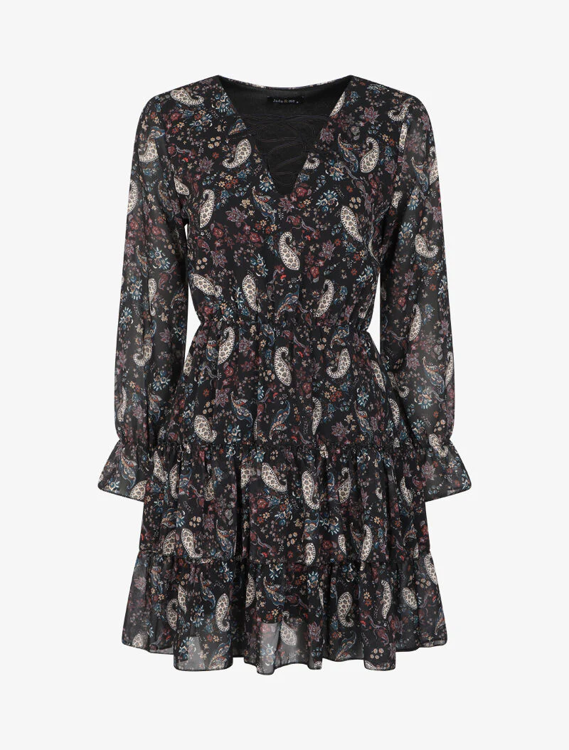 Jurk met ruches, veterkraag en paisleyprint - Zwart