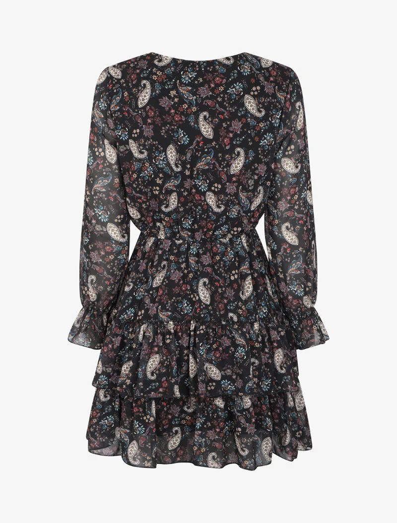 Jurk met ruches, veterkraag en paisleyprint - Zwart - Image 2