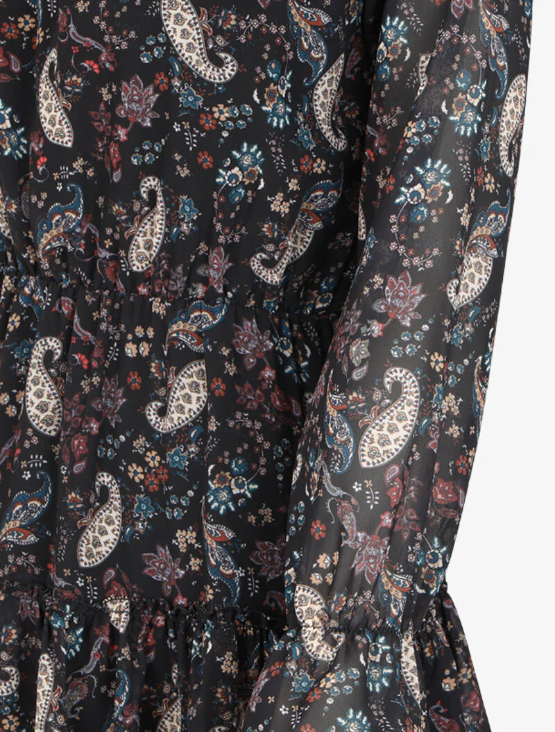 Jurk met ruches, veterkraag en paisleyprint - Zwart - Image 3