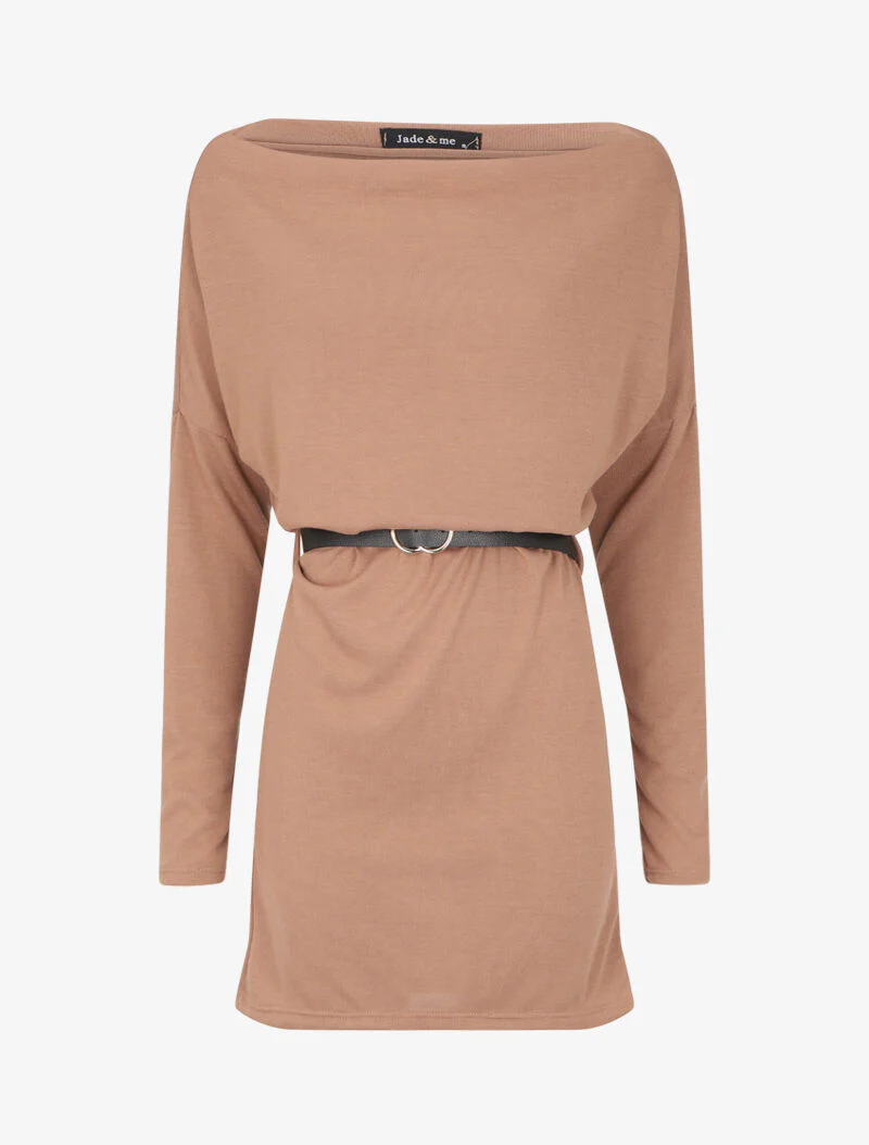 Jurk met watervalhals en dolmanmouwen - Camel