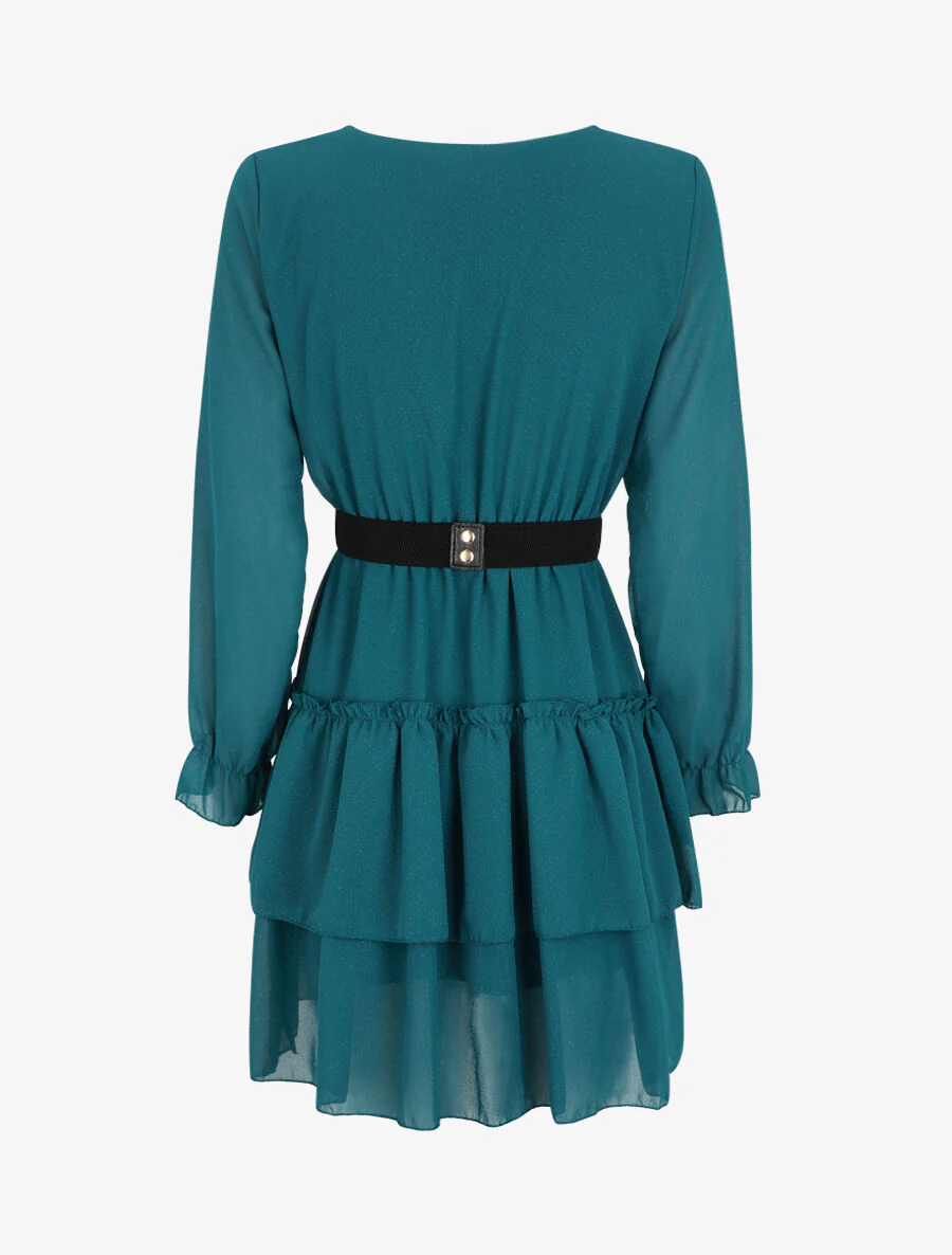Jurk met wikkelkraag en ruches - Blauwgroen - Image 2
