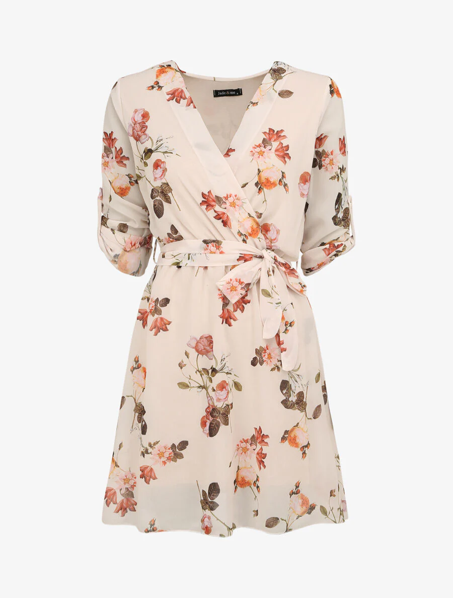 Jurk met wilde rozenprint en overslagkraag - Beige