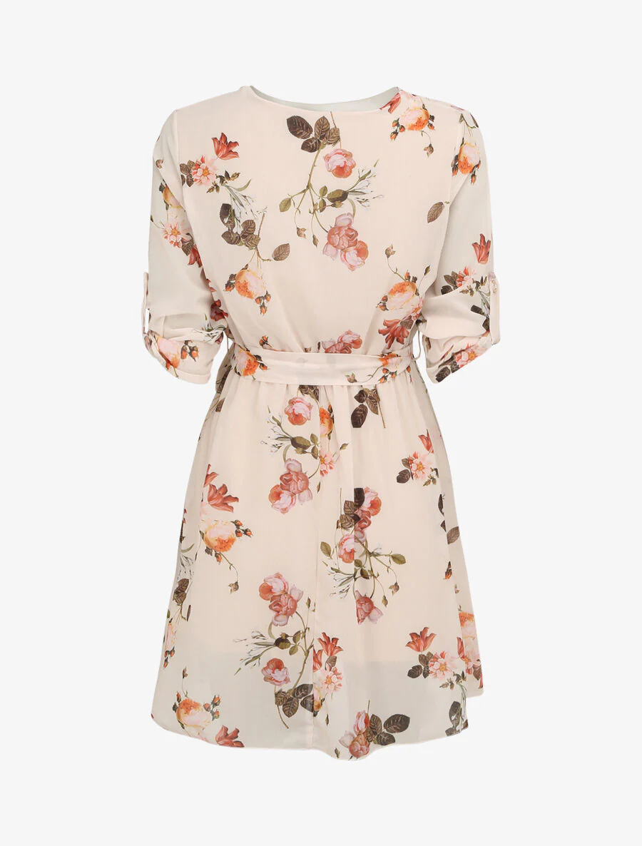 Jurk met wilde rozenprint en overslagkraag - Beige - Image 2