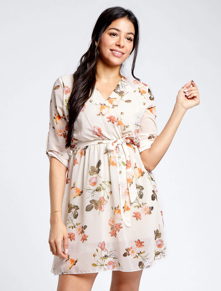 Jurk met wilde rozenprint en overslagkraag - Beige - Image 4