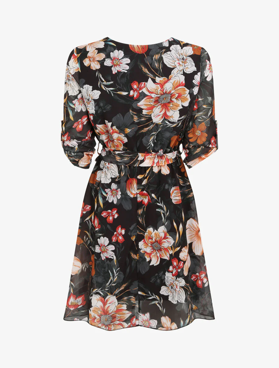 Zomerjurk met bloemenprint en overslagkraag - Zwart - Image 2