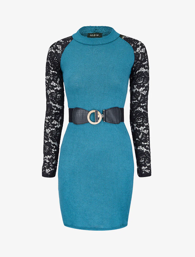 Getailleerde trui jurk met kanten mouwen - Karrenblauw - Image 2