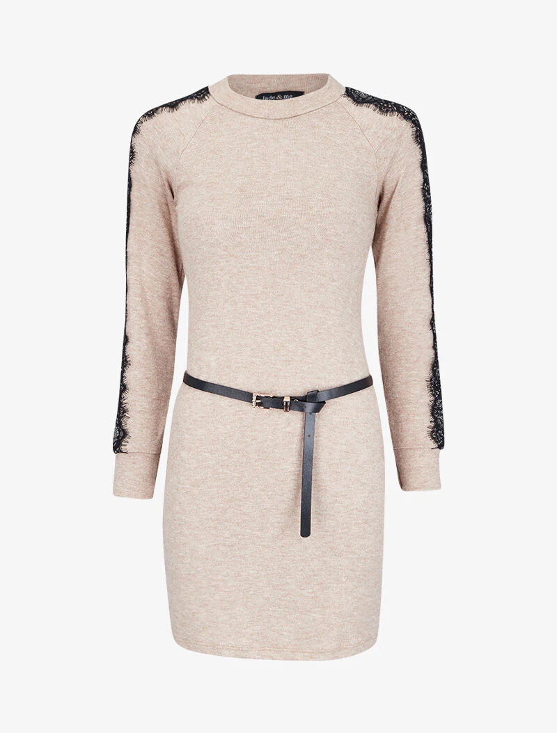 Trui jurk met kanten mouwen - Beige