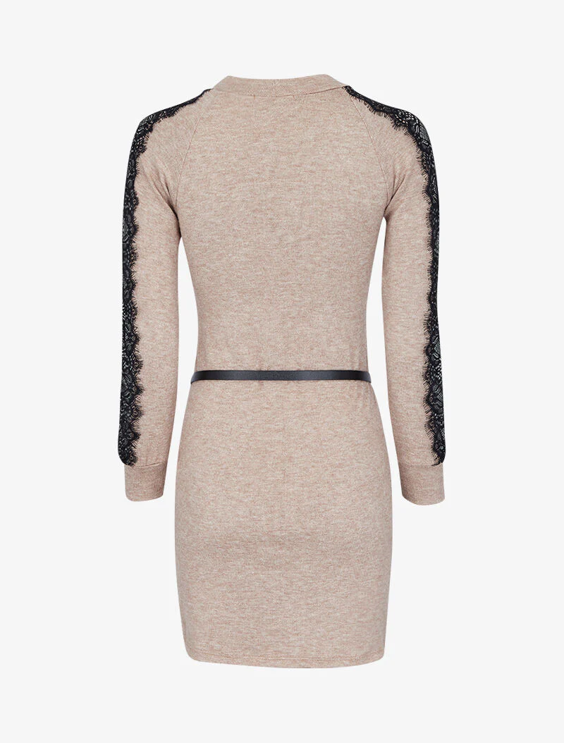 Trui jurk met kanten mouwen - Beige - Image 2