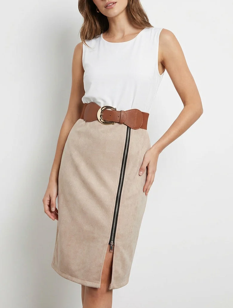 Jurk van twee materialen met rits. - Beige - Image 4