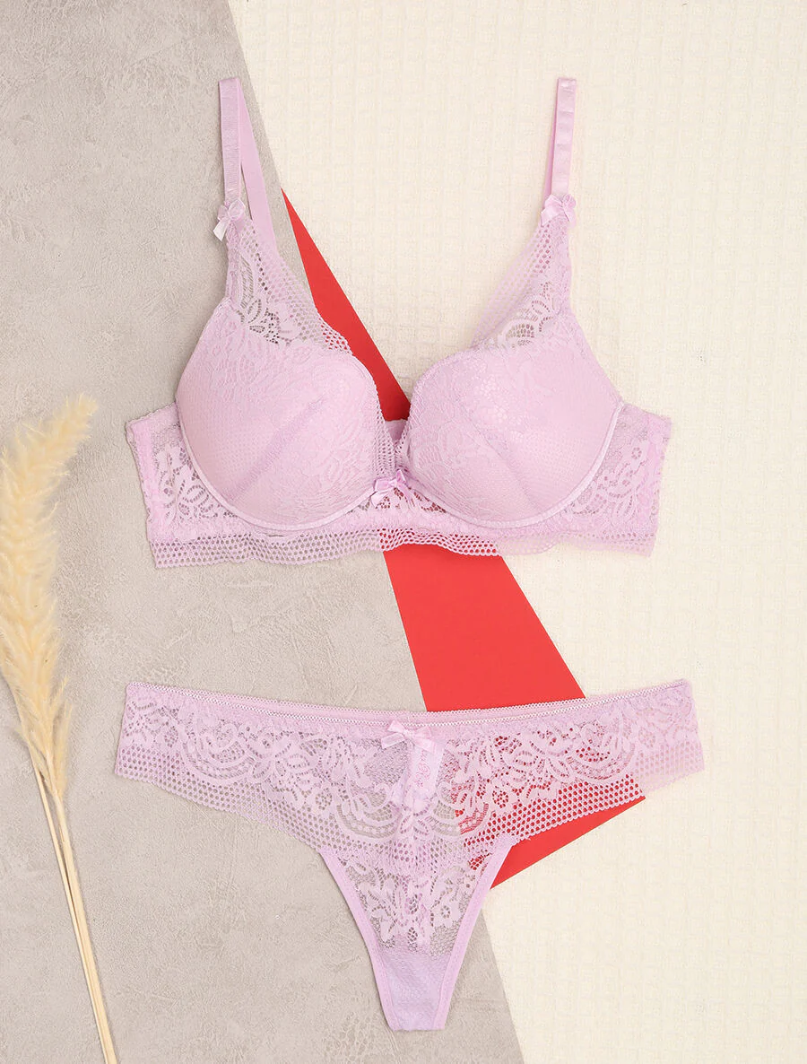 Kanten set met bloemen en strikdetail - Lila