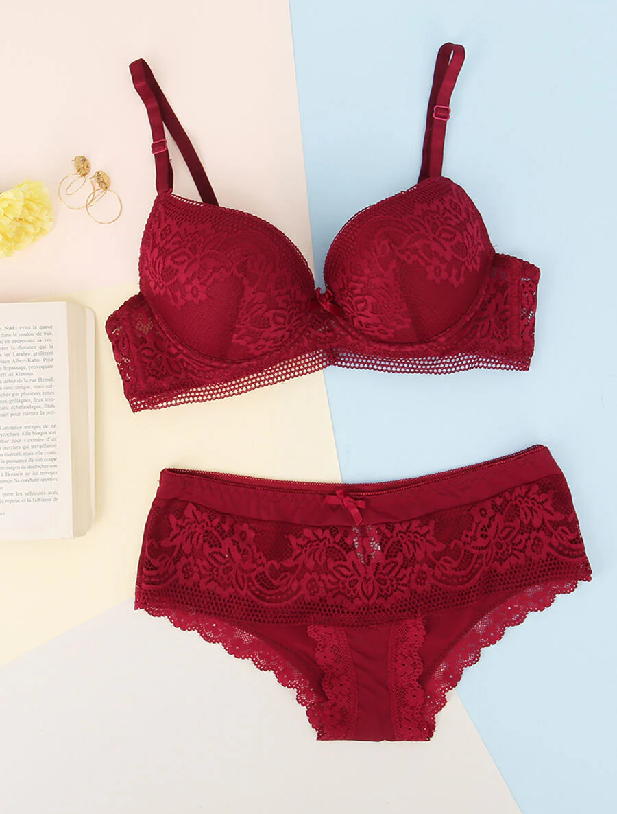 Kanten set met bloemen - Bordeaux