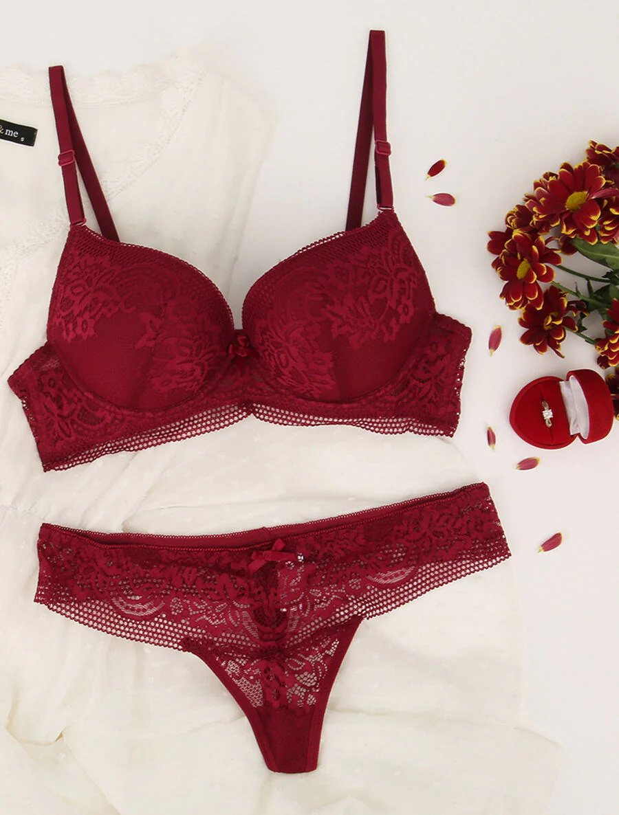 Kanten set met bloemen en strikdetail - Bordeaux