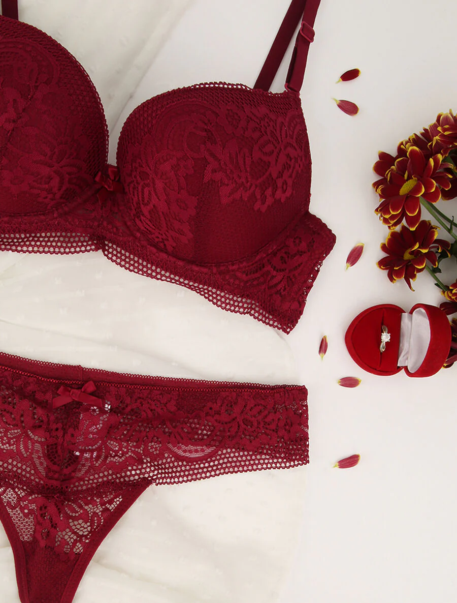 Kanten set met bloemen en strikdetail - Bordeaux - Image 3