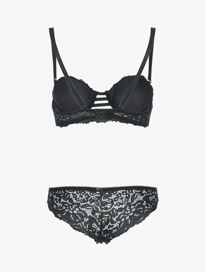 Set bustier in geschulpte kant en bandjes - zwart - Image 2