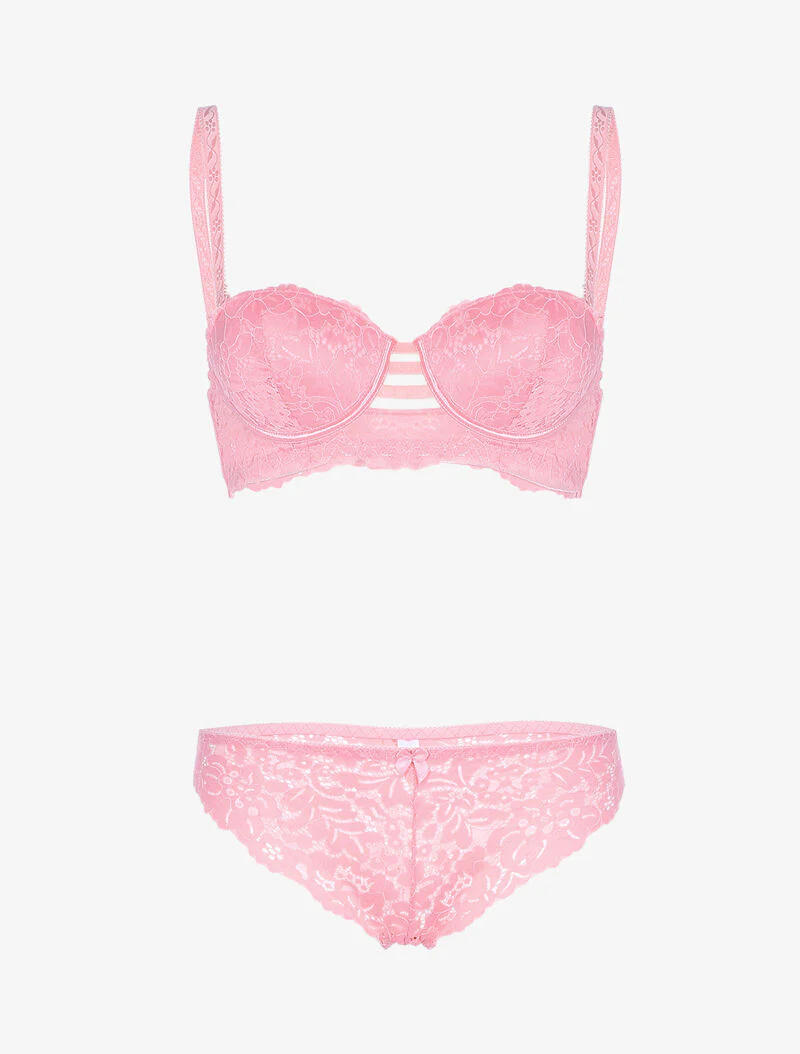Set met bustier van geschulpte kant en bandjes - roze