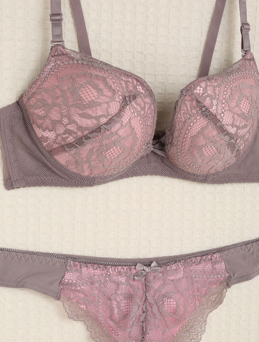 Kant- en tule set met strikjes - Grijs/roze - Image 3