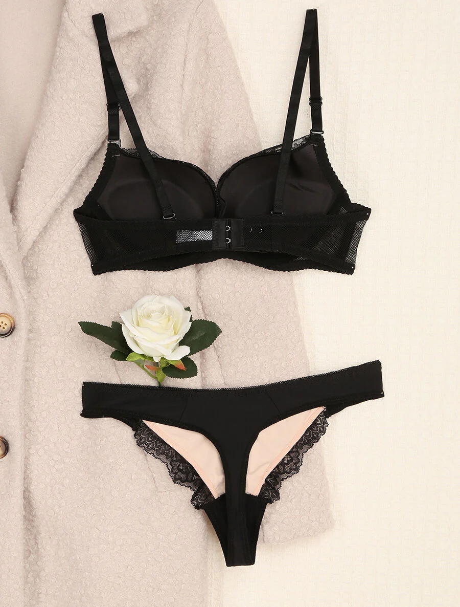 Kant- en tule set met bandjes - Zwart/nude - Image 2