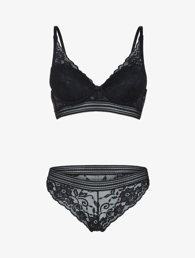 Kanten bustier set met bandjes - zwart