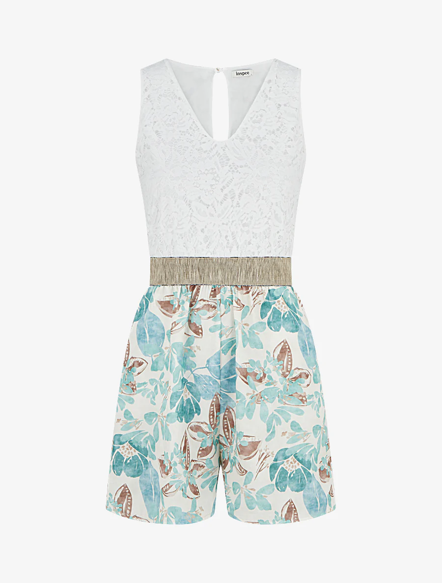 Kanten en bloemenbedrukte playsuit - Watergroen