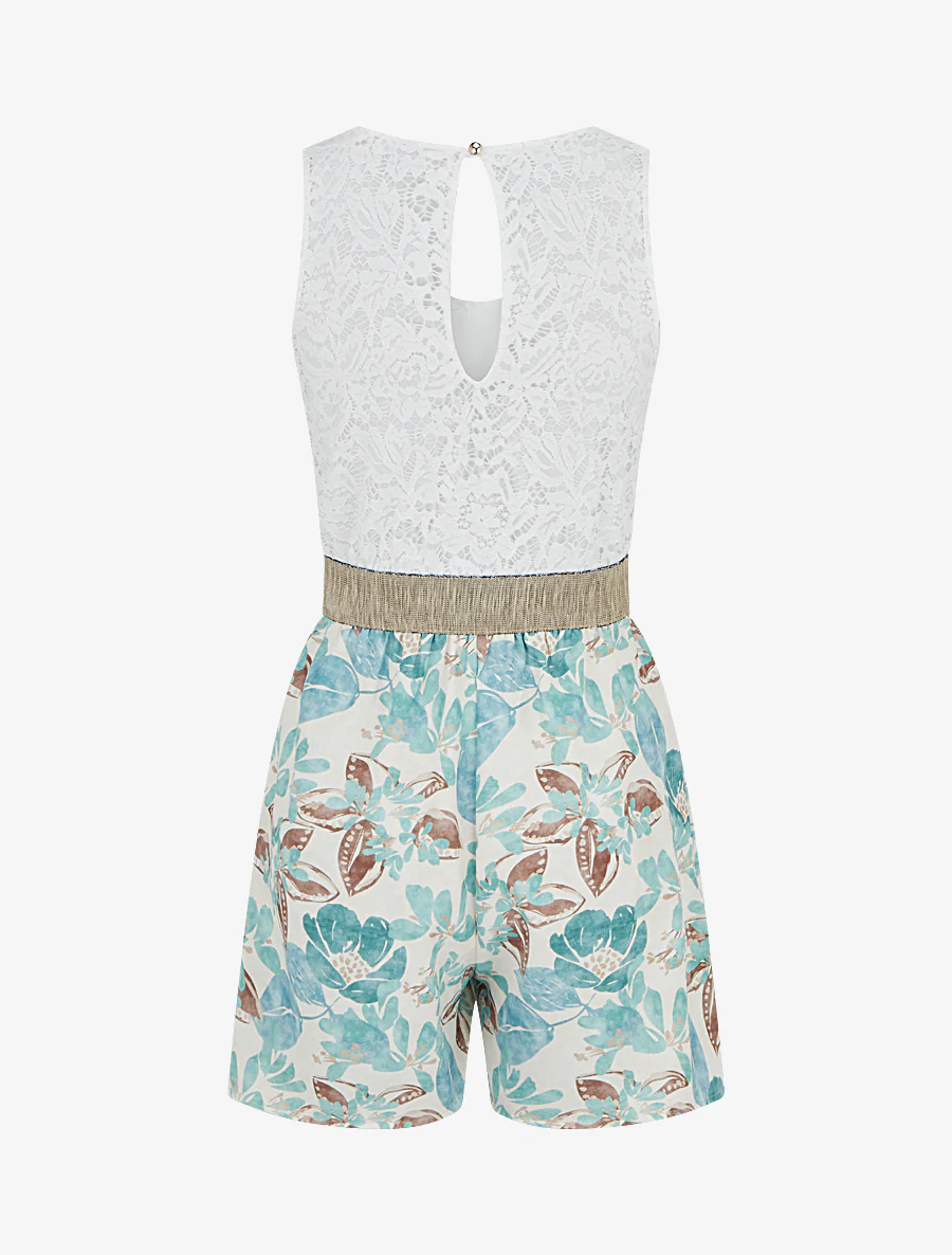 Kanten en bloemenbedrukte playsuit - Watergroen - Image 2