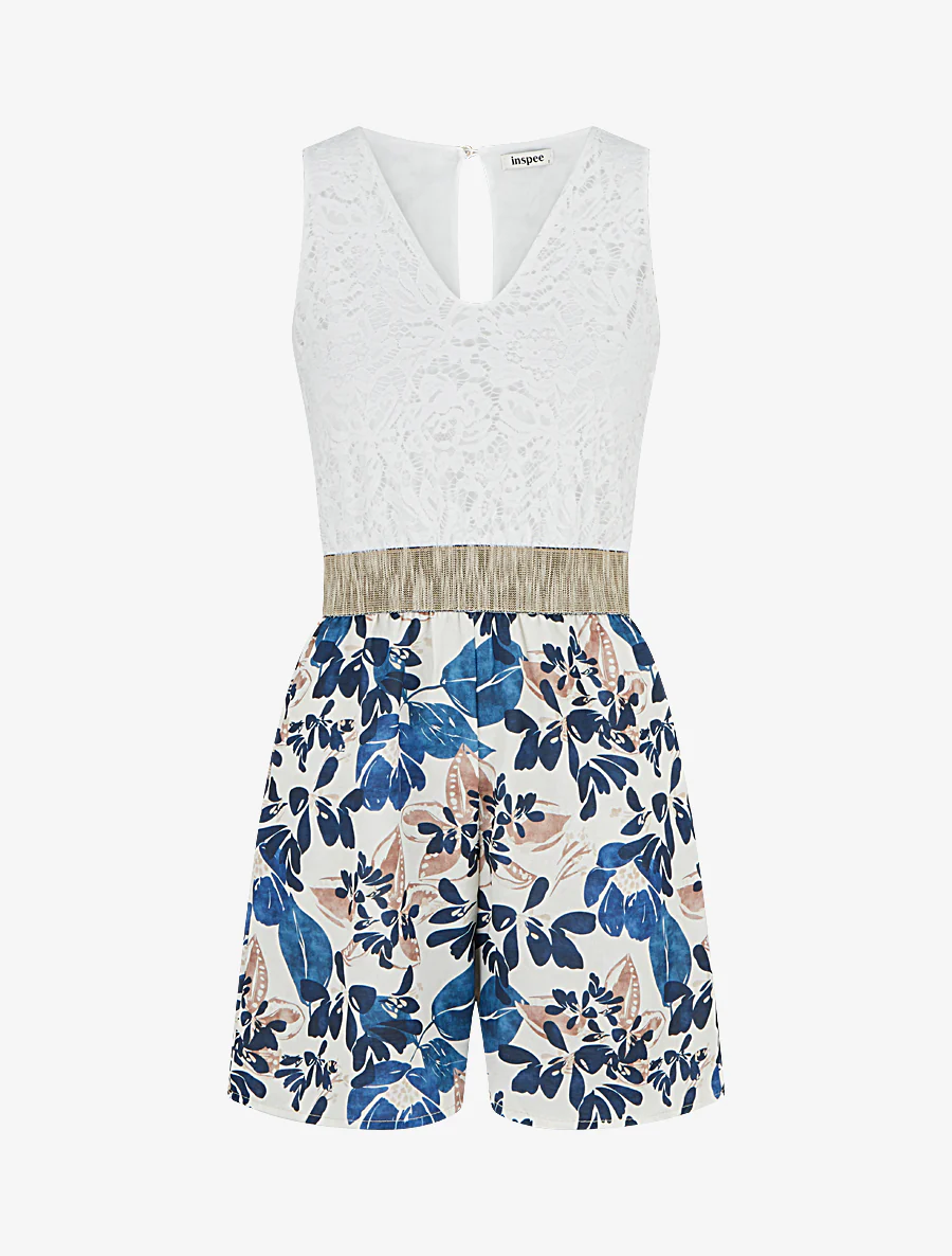 Kanten en bloemenbedrukte playsuit - Marine