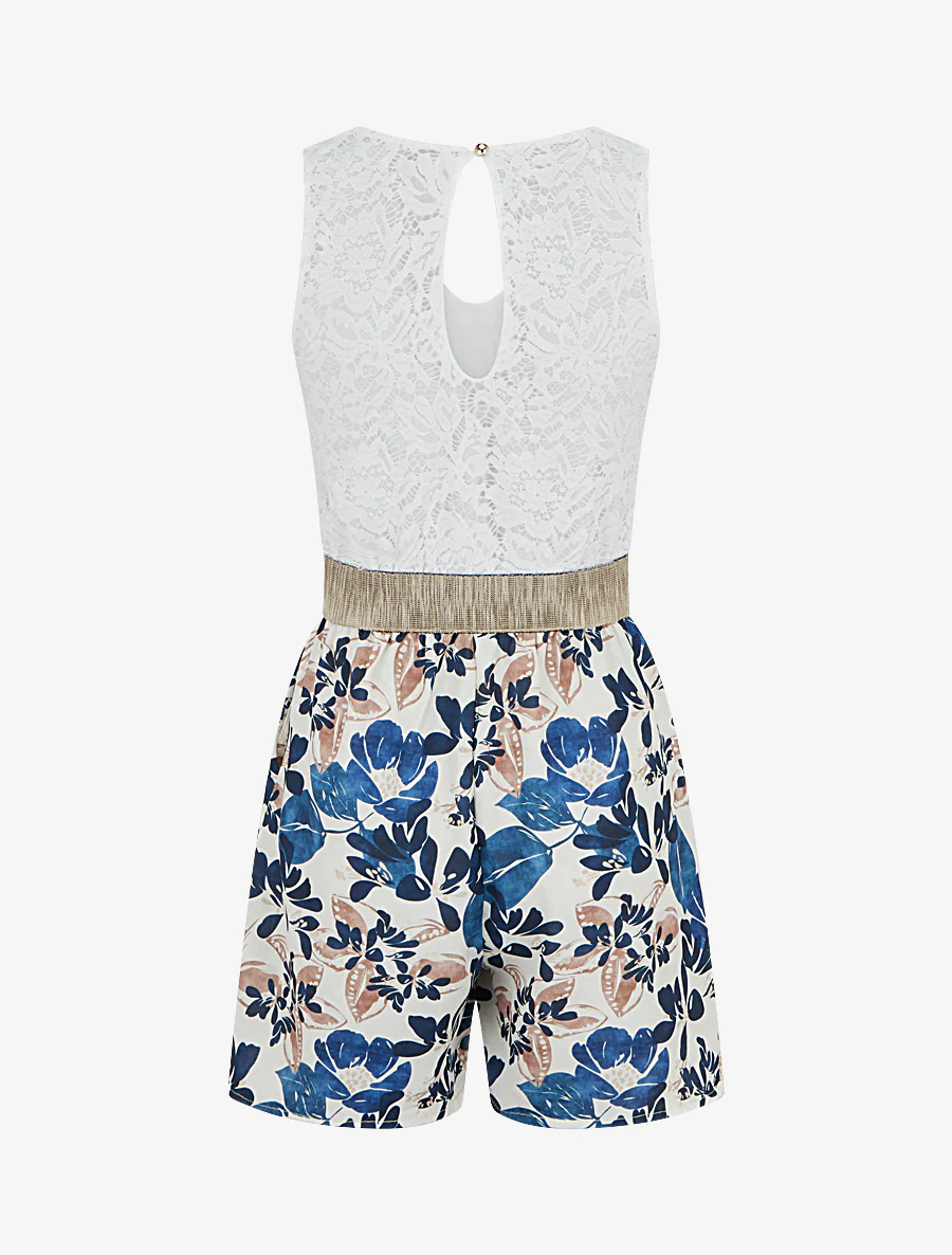 Kanten en bloemenbedrukte playsuit - Marine - Image 2