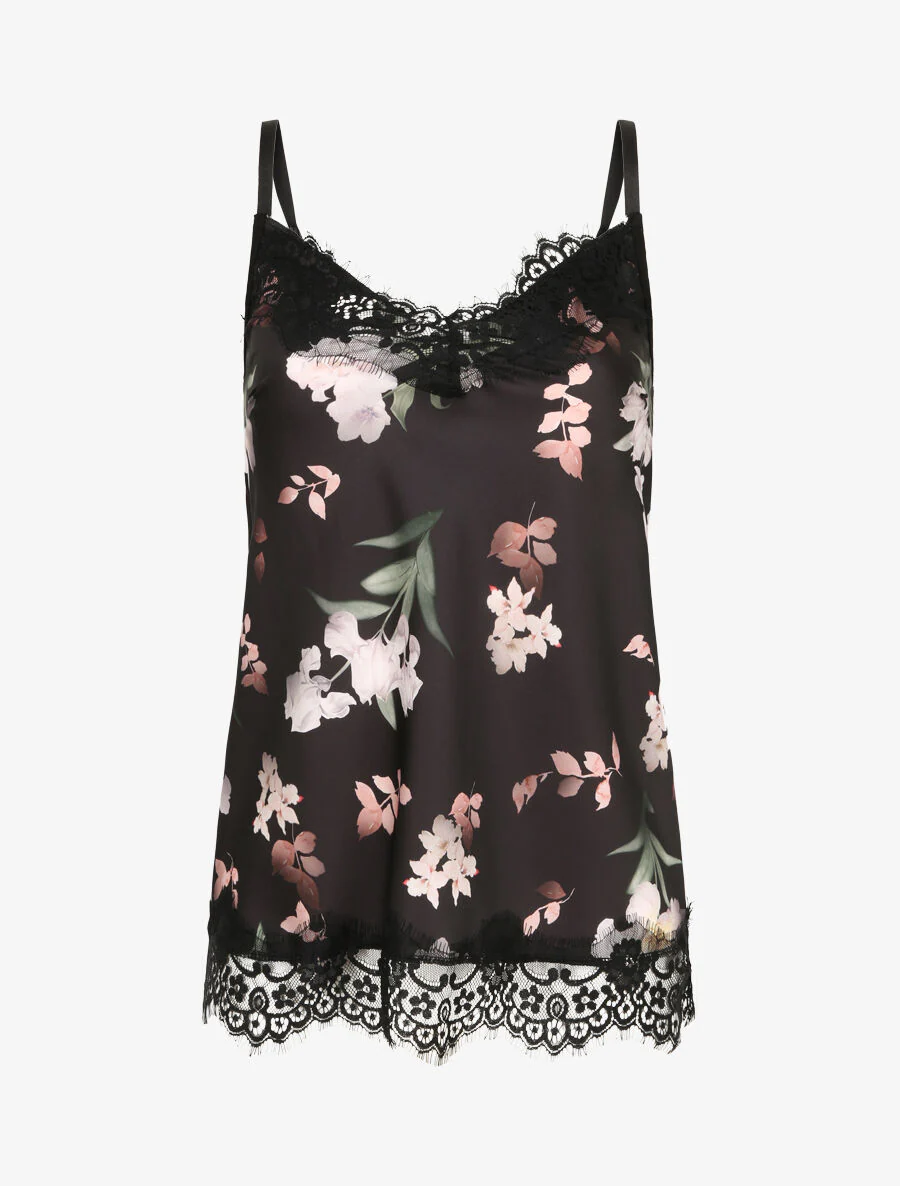 Kanten caraco met herfstbloemenprint - Zwart