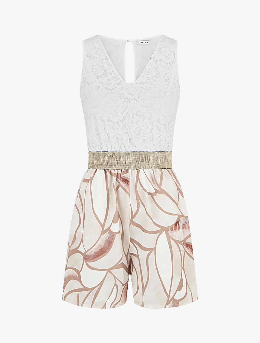 Kanten jumpsuit met grafische print - Beige