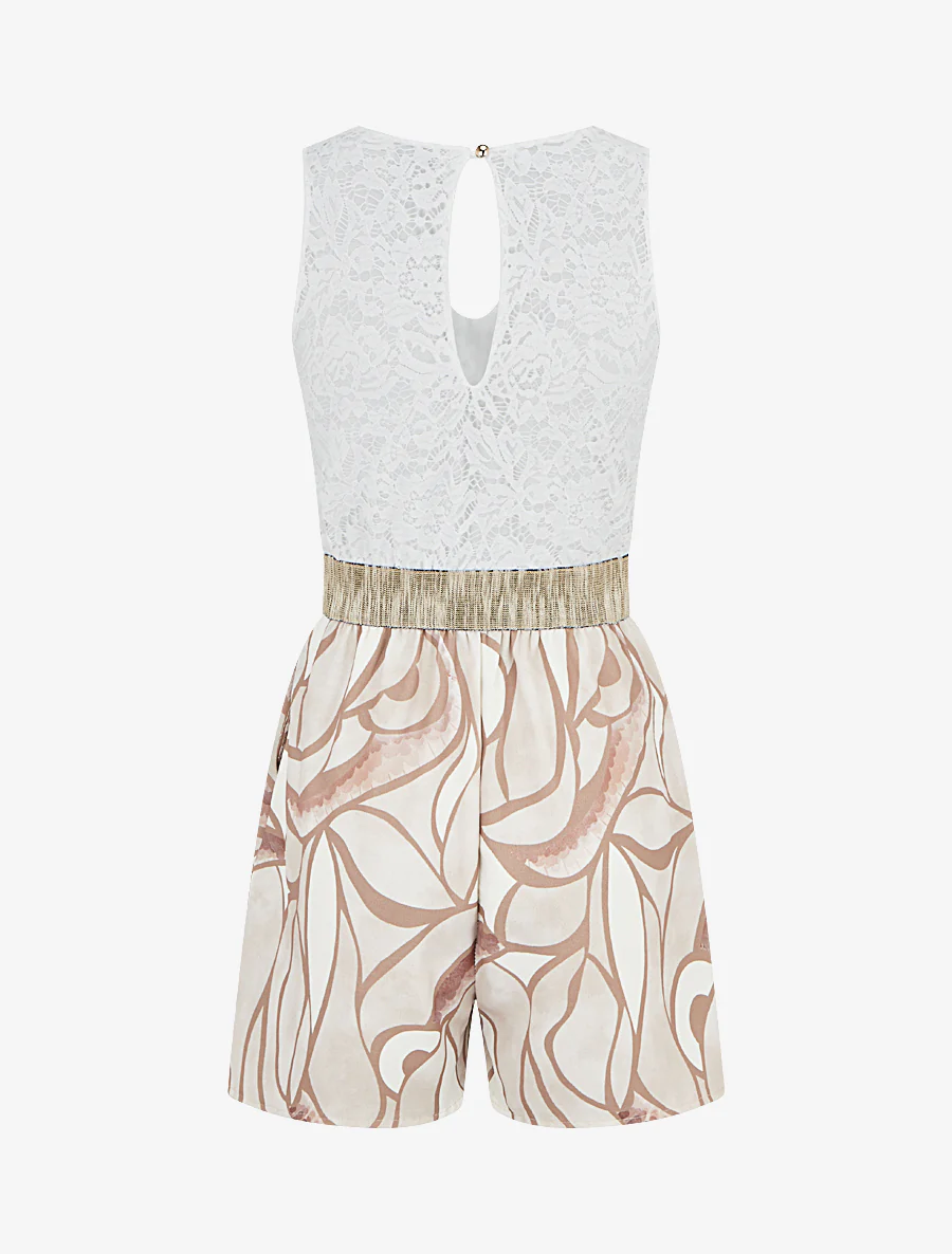 Kanten jumpsuit met grafische print - Beige - Image 2