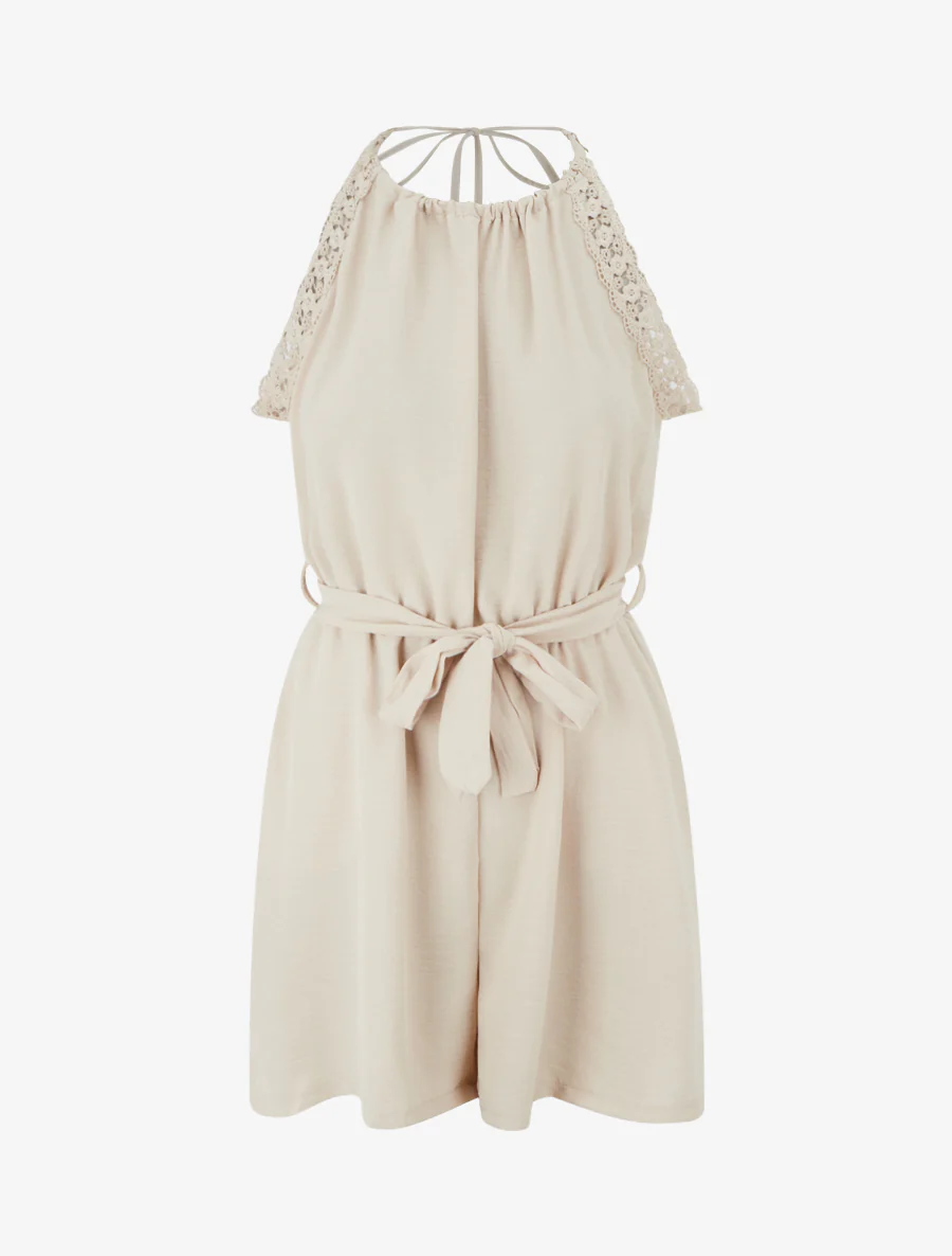 Kanten playsuit met open rug - Beige