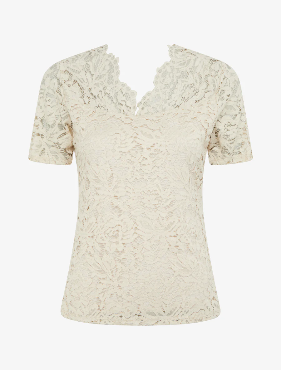 Kanten top met korte mouwen - Beige