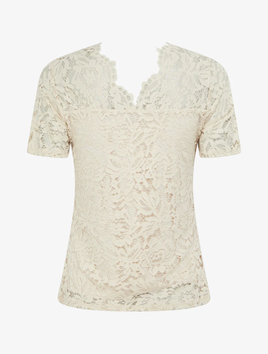 Kanten top met korte mouwen - Beige - Image 2