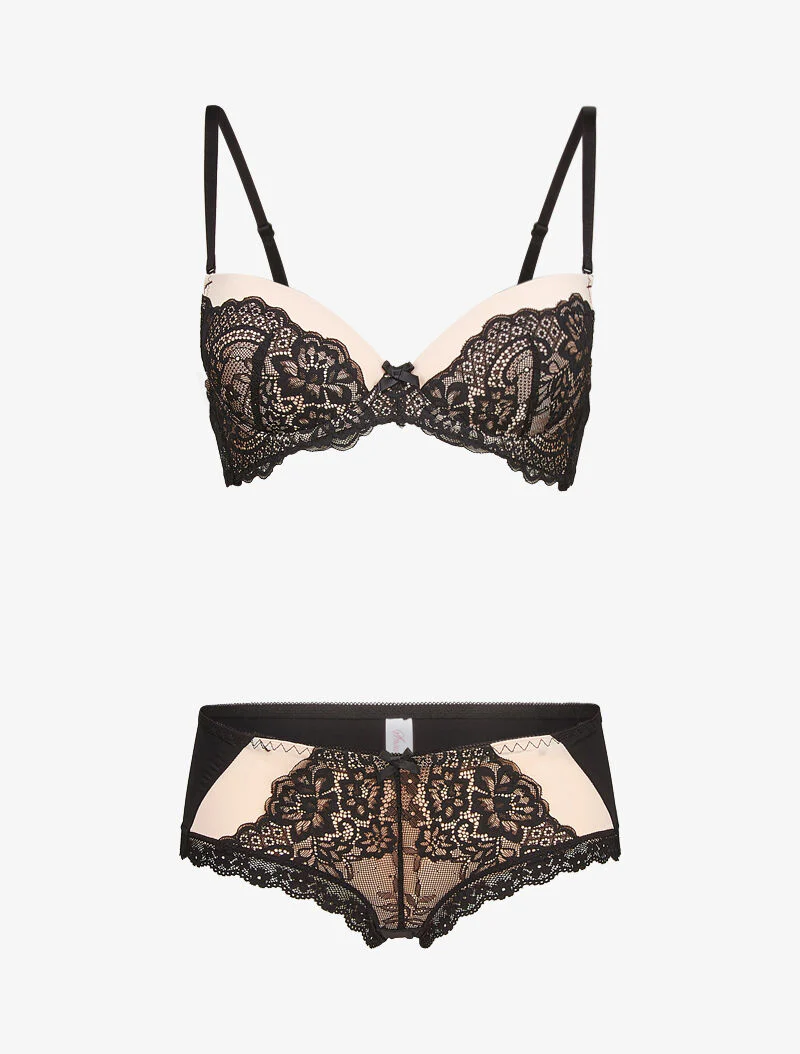 Kantensetjes met opengewerkte shorty - nude/zwart