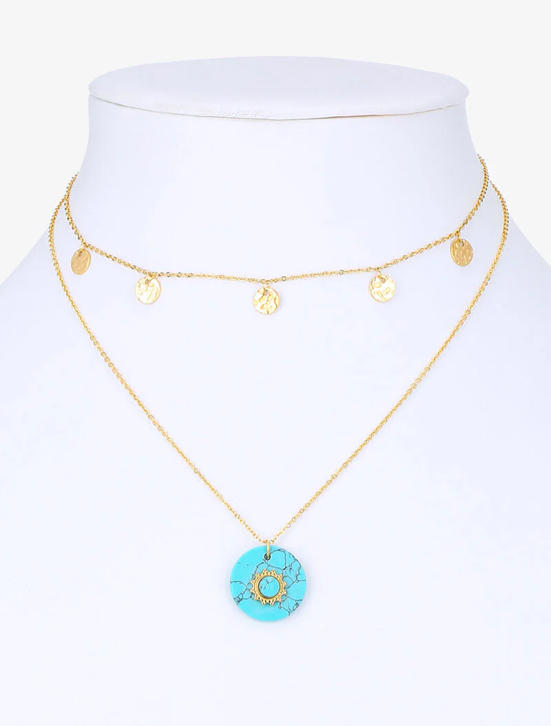Gelaagde ketting versierd met een cirkel en gestileerde zon - goud/turkoois