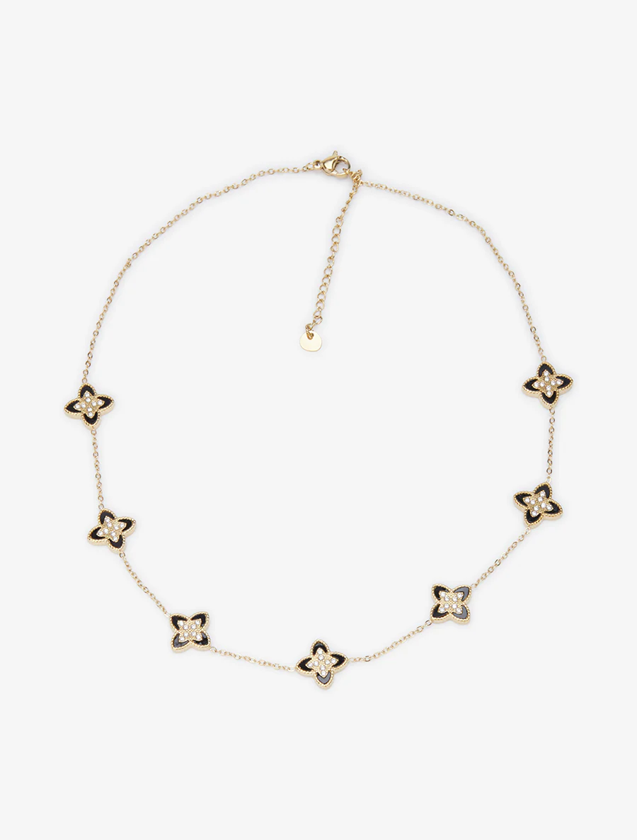 Ketting met klavers versierd met witte zirkonen - Goud/zwart - Image 2