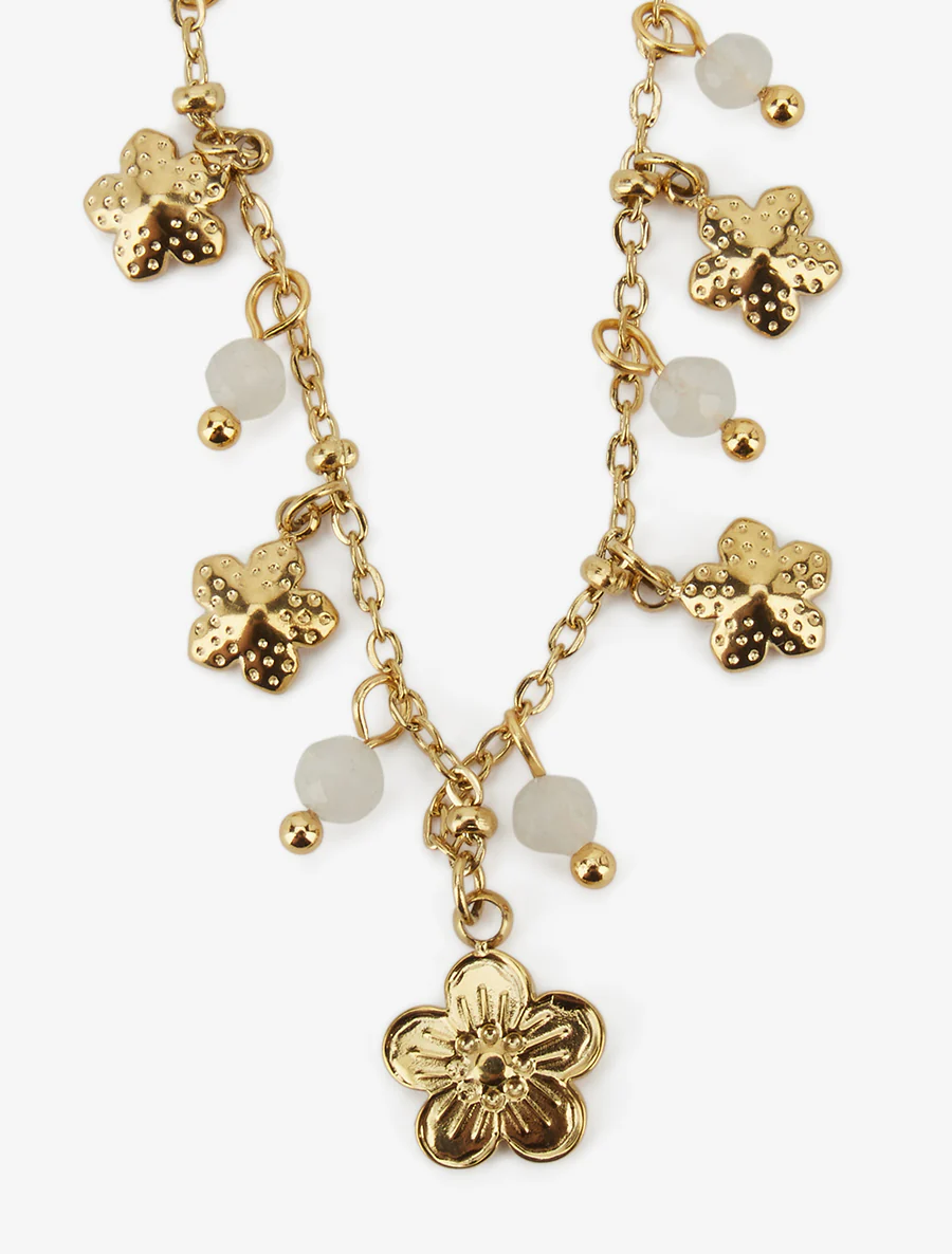 Ketting met kleine bloemen en stenen - Goud/wit - Image 3