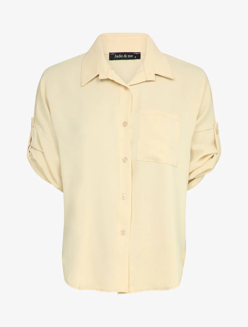 Kimono-stijl overhemd met omgeslagen mouwen - Beige